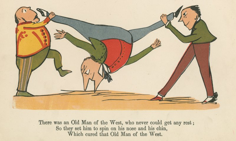 Volt egy öregember nyugatról, aki soha nem tudott nyugodni, a Frederick Warne and Co. által kiadott "A Book of Nonsense"-ből, London, 1875 körül. alkotó: Edward Lear
