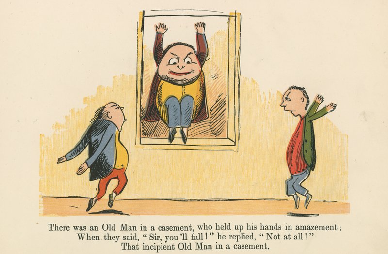 Volt egy öregember egy ablakban, aki csodálkozva tartotta fel a kezét, a Frederick Warne and Co. által kiadott "A Book of Nonsense"-ből, London, 1875 körül. alkotó: Edward Lear