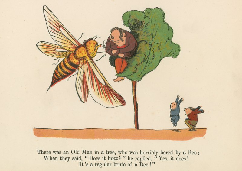 Volt egy Öreg a fán, akit rettenetesen unatott egy méh, a Frederick Warne and Co. kiadásában, 1875 körül Londonban megjelent „A Book of Nonsense”-ből. alkotó: Edward Lear