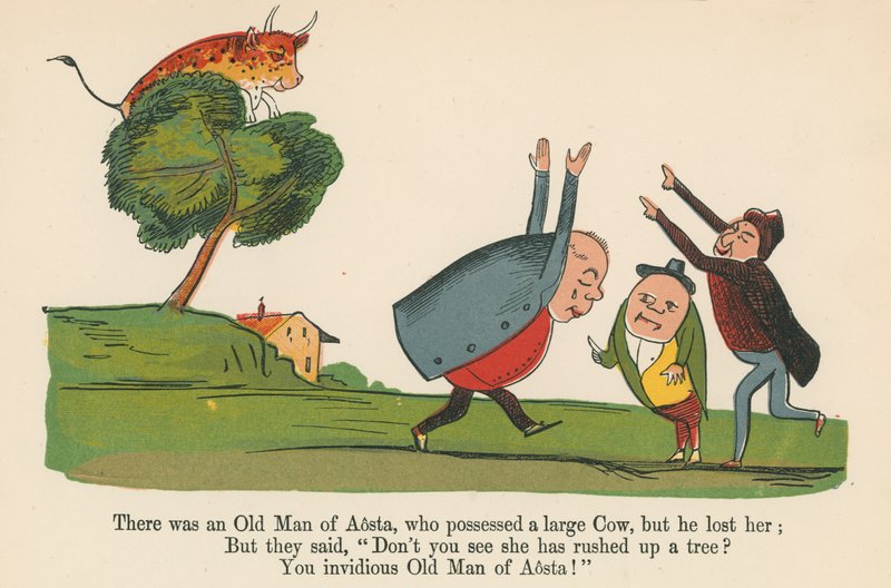 Volt egy Aosta-i öregember, akinek volt egy nagy tehene, de elvesztette, a Frederick Warne and Co. által kiadott "A Book of Nonsense"-ből, London, 1875 körül. alkotó: Edward Lear