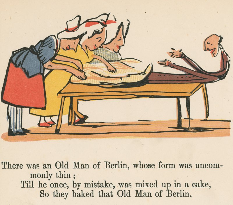Volt egy berlini öregember, akinek az alakja szokatlanul vékony volt, a Frederick Warne and Co. által kiadott "A Book of Nonsense"-ből, London, 1875 körül. alkotó: Edward Lear