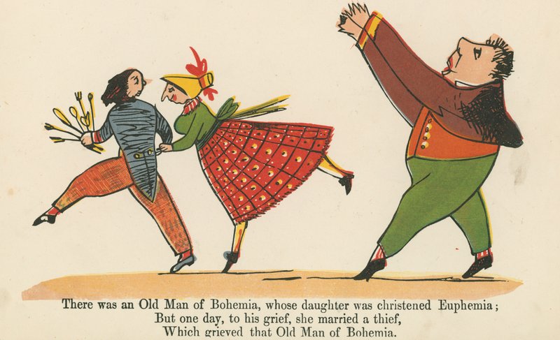 Volt egy Bohémiai Öreg, akinek a lányát Eufémiának keresztelték el az „A Book of Nonsense”-ből, amelyet Frederick Warne and Co. adott ki, London, 1875 körül. alkotó: Edward Lear
