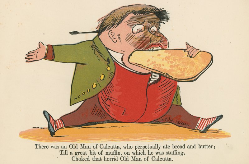 Volt egy kalkuttai öregember, aki állandóan kenyeret és vajat evett, a Frederick Warne and Co. által kiadott "A Book of Nonsense"-ből, London, 1875 körül. alkotó: Edward Lear