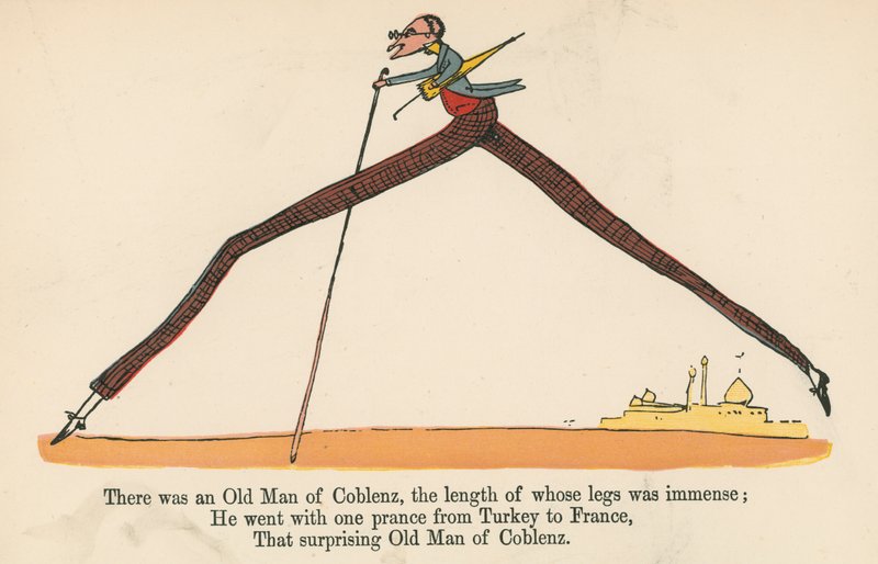 Volt egy koblenzi öregember, akinek a lábai hatalmasak voltak, a Frederick Warne and Co. által kiadott "A Book of Nonsense"-ből, London, 1875 körül. alkotó: Edward Lear