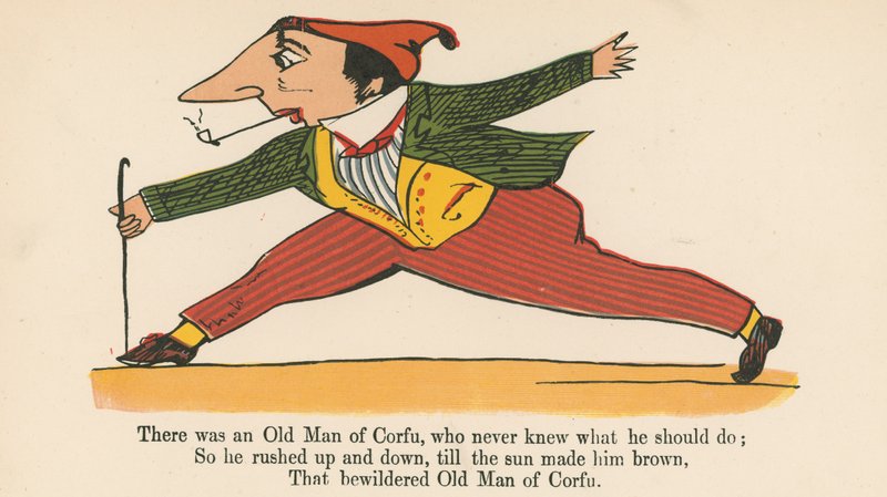 Volt egy korfui öregember, aki sohasem tudta, mit tegyen, a Frederick Warne and Co. által kiadott "A Book of Nonsense"-ből, London, 1875 körül. alkotó: Edward Lear