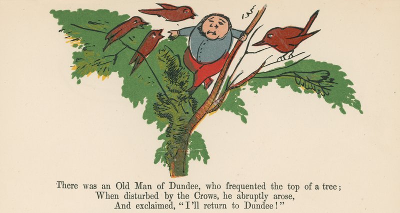 Volt egy dundee-i öregember, aki gyakran járt egy fa tetején, az „A Book of Nonsense”-ből, amelyet Frederick Warne and Co. adott ki, London, 1875 körül. alkotó: Edward Lear
