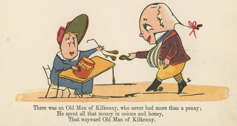 Volt egy kilkenny-i Öreg, akinek soha nem volt több egy fillérjénél, az „A Book of Nonsense”-ből, amelyet Frederick Warne and Co. adott ki, London, 1875 körül. alkotó: Edward Lear