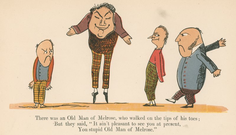 Volt egy Melrose-i Öreg, aki lábujjhegyén járt, az „A Book of Nonsense”-ből, amelyet Frederick Warne and Co. adott ki, London, 1875 körül. alkotó: Edward Lear