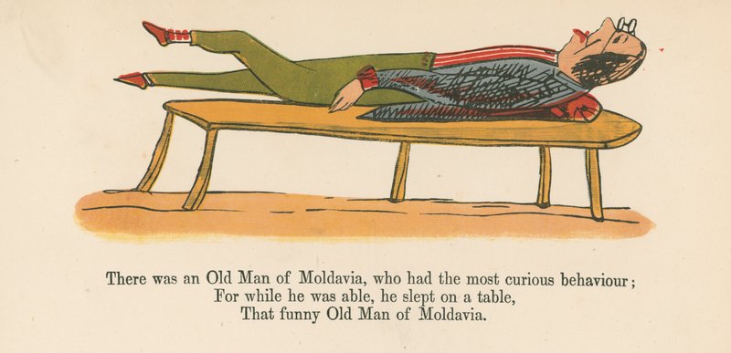 Volt egy moldvai öregember, aki a legkülönösebb módon viselkedett, a Frederick Warne and Co. által kiadott "A Book of Nonsense"-ből, London, 1875 körül. alkotó: Edward Lear