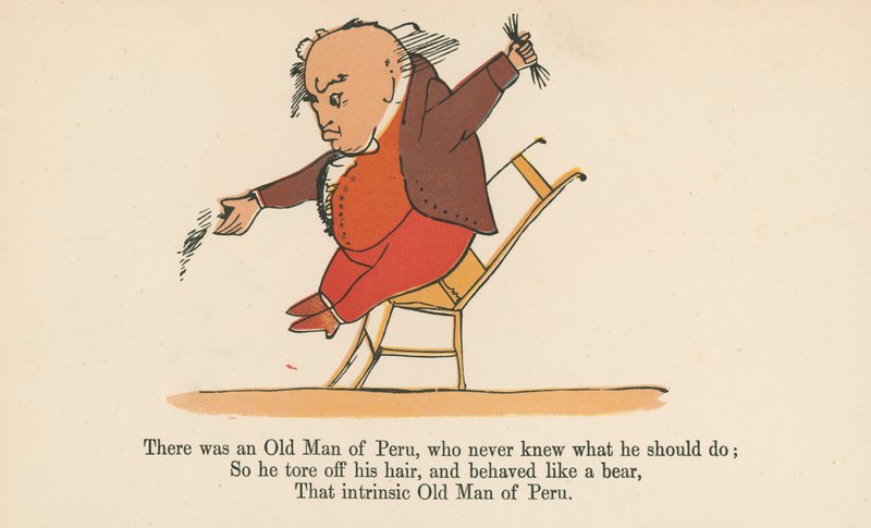 Volt egy perui Öreg, aki soha nem tudta, mit kell tennie, az „A könyv a nonszensz”-ből, amelyet Frederick Warne and Co. adott ki, London, 1875 körül. alkotó: Edward Lear