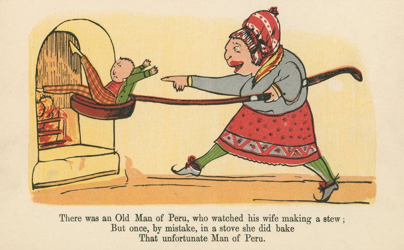 Volt egy perui öregember, aki nézte a feleségét, amint pörköltet készít az „A könyv a nonszensz”-ből, amelyet Frederick Warne and Co. adott ki, London, 1875 körül. alkotó: Edward Lear