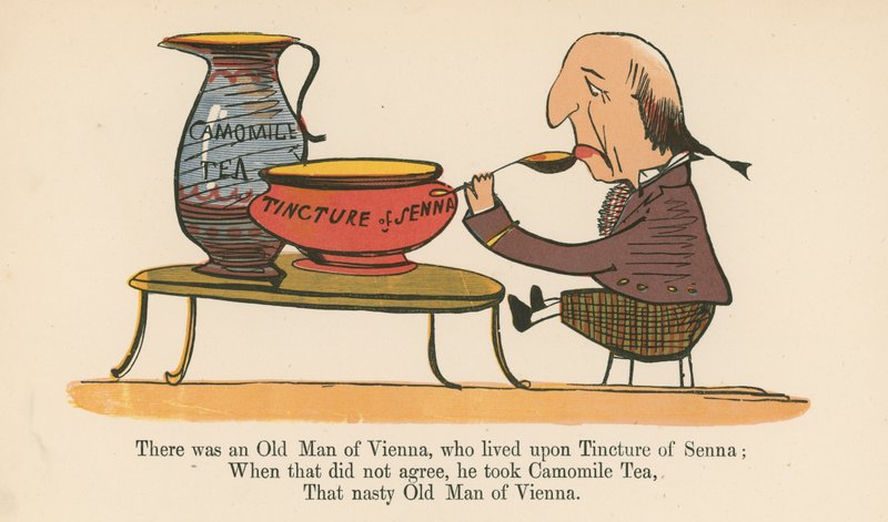 Volt egy bécsi öregember, aki a Senna tinktúráján élt, az „A könyv a nonszensz”-ből, amelyet Frederick Warne and Co. adott ki, London, 1875 körül. alkotó: Edward Lear