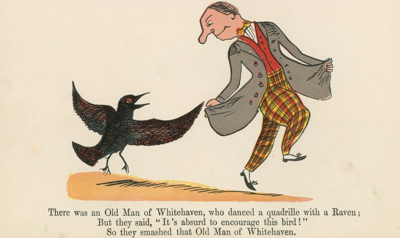 Volt egy Whitehaven-i Öreg, aki quadrillet táncolt egy hollóval, az „A Book of Nonsense”-ből, amelyet Frederick Warne and Co. adott ki, London, 1875 körül alkotó: Edward Lear