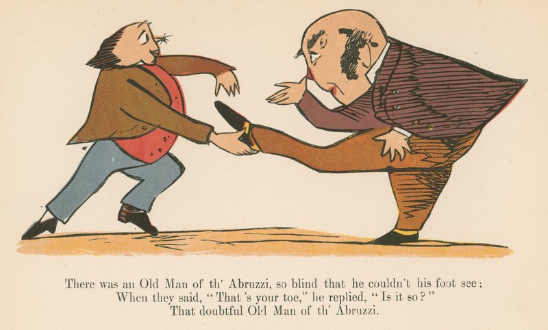 Volt egy Abruzzi Öreg, aki annyira vak, hogy nem látott a lábával, a Frederick Warne and Co. kiadásában, Londonban, 1875 körüli „A Book of Nonsense” c. alkotó: Edward Lear