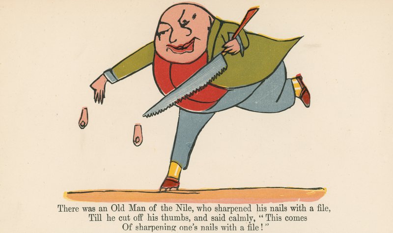 Volt egy nílusi öreg, aki reszelővel élesítette a körmeit az „A Book of Nonsense”-ből, amelyet Frederick Warne and Co. adott ki, London, 1875 körül. alkotó: Edward Lear