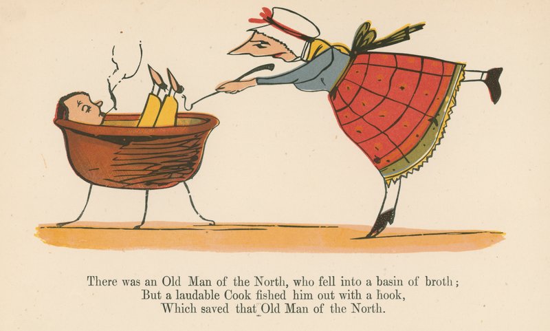 Volt egy északi öregember, aki egy medencébe esett a bográcsban, a Frederick Warne and Co. által kiadott "A Book of Nonsense"-ből, London, 1875 körül. alkotó: Edward Lear