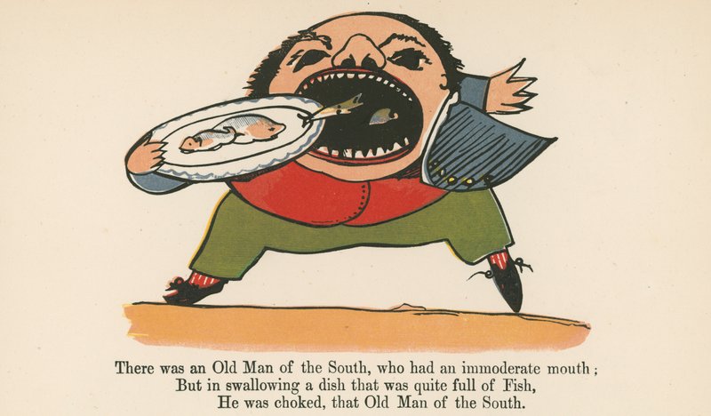 Volt egy déli öregember, akinek mértéktelen szája volt, az „A Book of Nonsense”-ből, amelyet Frederick Warne and Co. adott ki, London, 1875 körül. alkotó: Edward Lear