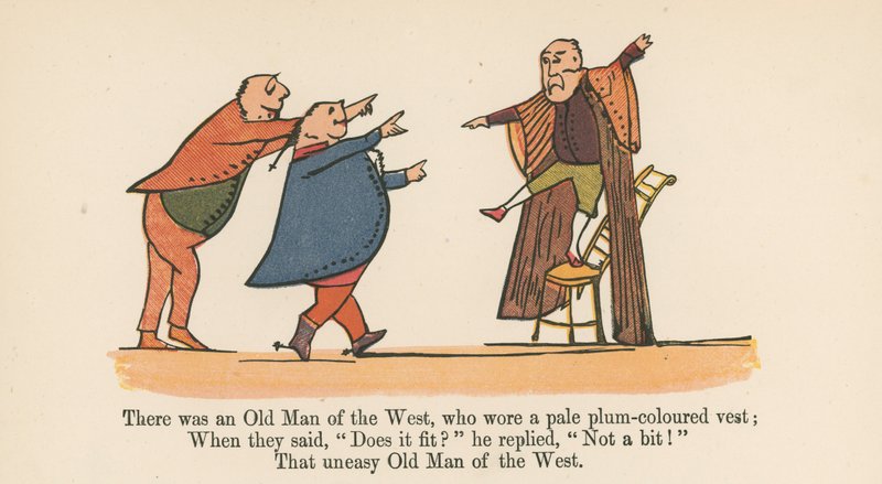 Volt egy Nyugati Öreg, aki halvány szilvaszínű mellényt viselt az „A Book of Nonsense”-ből, amelyet Frederick Warne and Co. adott ki, London, 1875 körül. alkotó: Edward Lear