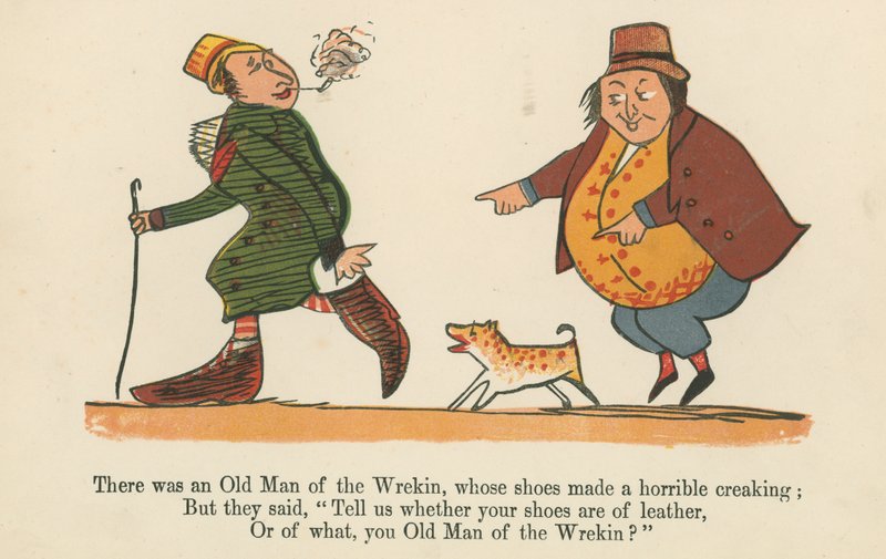 Volt egy vén vándor, akinek a cipője szörnyen nyikorgott, a Frederick Warne and Co. által kiadott "A Book of Nonsense"-ből, London, 1875 körül. alkotó: Edward Lear
