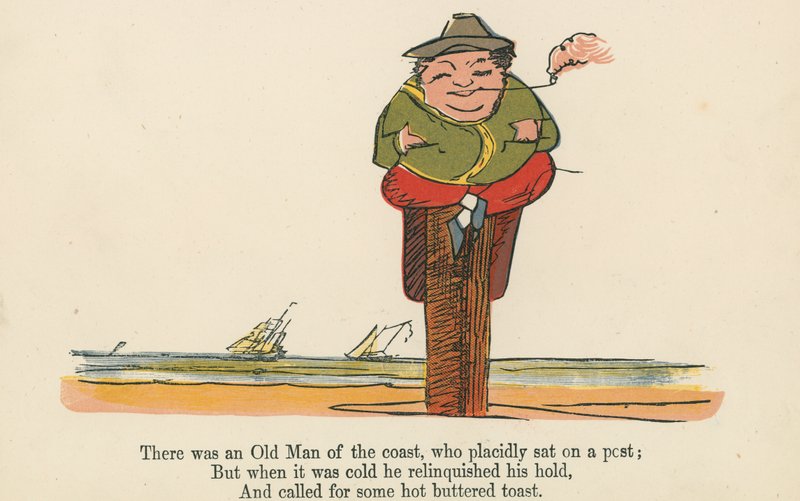 Volt egy öregember a parton, aki békésen ült egy oszlopon, a Frederick Warne and Co. által kiadott "A Book of Nonsense" című könyvből, London, 1875 körül. alkotó: Edward Lear