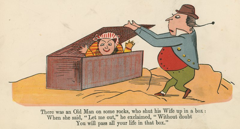 Volt egy öregember néhány sziklán, aki bezárta a feleségét egy dobozba, az "A Book of Nonsense"-ből, kiadó: Frederick Warne and Co., London, 1875 körül. alkotó: Edward Lear