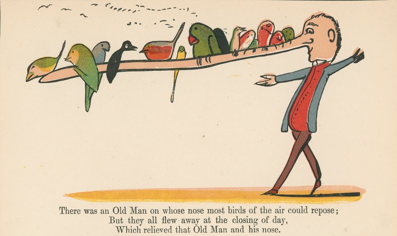 Volt egy Öreg, akinek az orrán a legtöbb madár el tudott nyugodni, az „A Book of Nonsense”-ből, amelyet Frederick Warne and Co. adott ki, London, 1875 körül. alkotó: Edward Lear