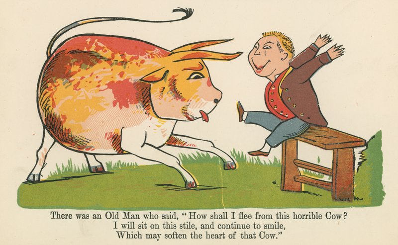 Volt egy öregember, aki azt mondta: "Hogyan meneküljek el ettől a szörnyű tehéntől?", az "A Book of Nonsense"-ből, kiadó: Frederick Warne and Co., London, 1875 körül. alkotó: Edward Lear