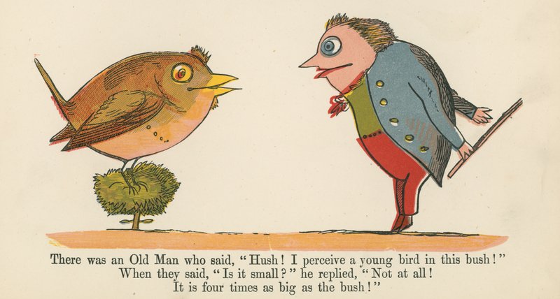 Volt egy Öreg, aki azt mondta: „Csitt! Fiatal madarat látok ebben a bokorban!”, az „A könyv a nonszensz”-ből, Frederick Warne and Co., London, 1875 körül alkotó: Edward Lear