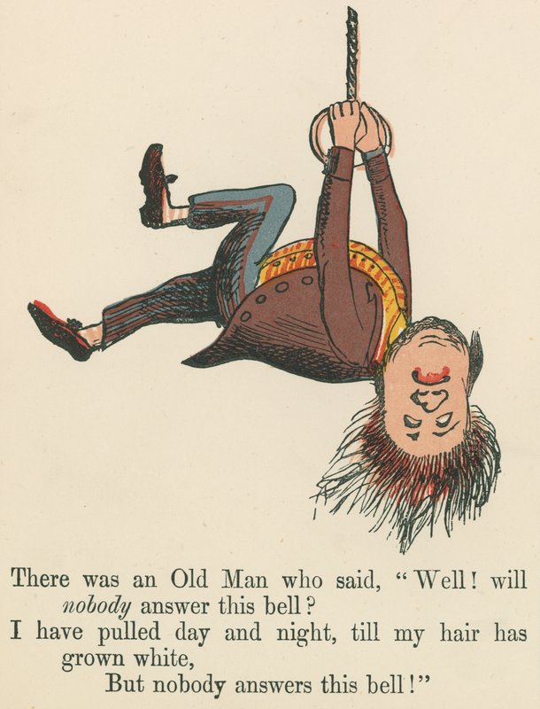 Volt egy Öreg, aki azt mondta: „Nos! Senki sem fog megszólalni erre a csengőre”, az „A könyv a nonszenszből”, kiadó Frederick Warne and Co., London, 1875 körül alkotó: Edward Lear