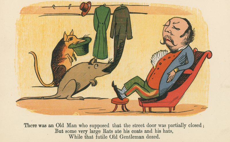 Volt egy öregember, aki azt hitte, hogy az utcai ajtó részben zárva van, a Frederick Warne and Co. által kiadott "A Book of Nonsense"-ből, London, 1875 körül. alkotó: Edward Lear