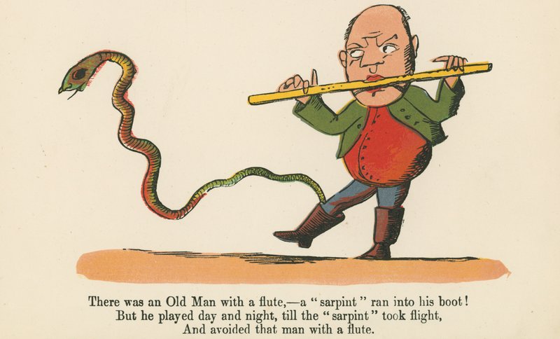 Volt egy öreg fuvolával – egy „sarpint” futott a csizmájába!, az „A könyv a nonszensz”-ből, Frederick Warne and Co., London, 1875 körül. alkotó: Edward Lear