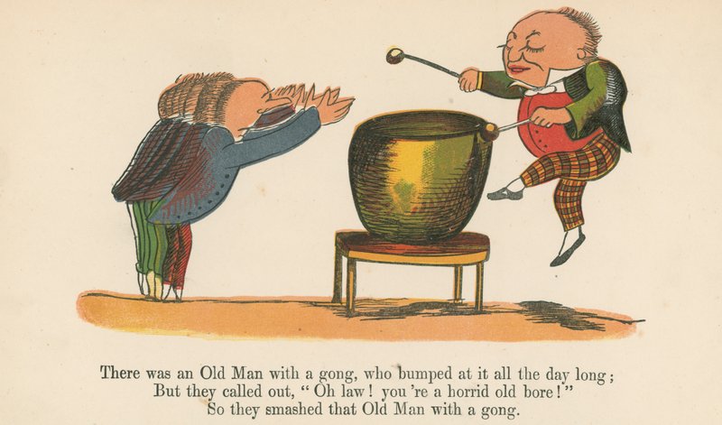 Volt egy öregember gonggal, aki egész nap nekiütközött az „A Book of Nonsense”-ből, amelyet Frederick Warne and Co. adott ki, London, 1875 körül. alkotó: Edward Lear