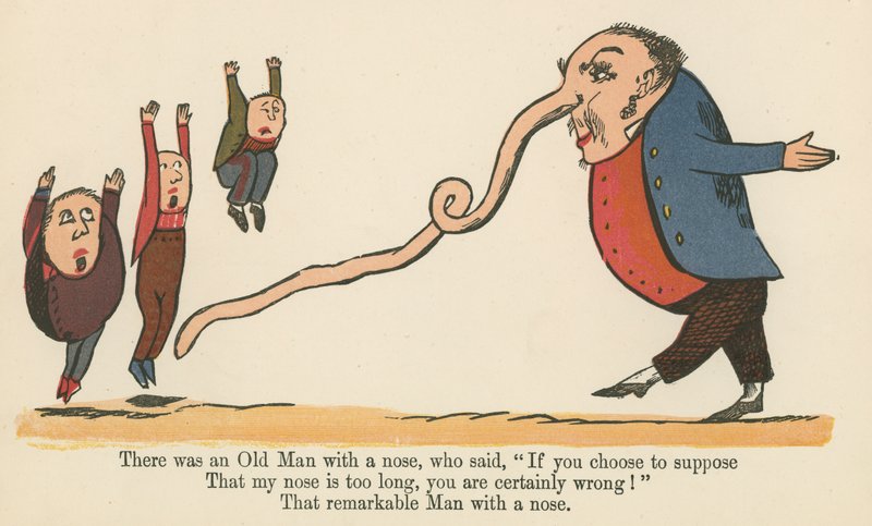 Volt egy orrú öregember, aki azt mondta: „Ha úgy döntesz, hogy feltételezed” az „A könyv a nonszensz”-ből, Frederick Warne and Co., London, 1875 körül. alkotó: Edward Lear