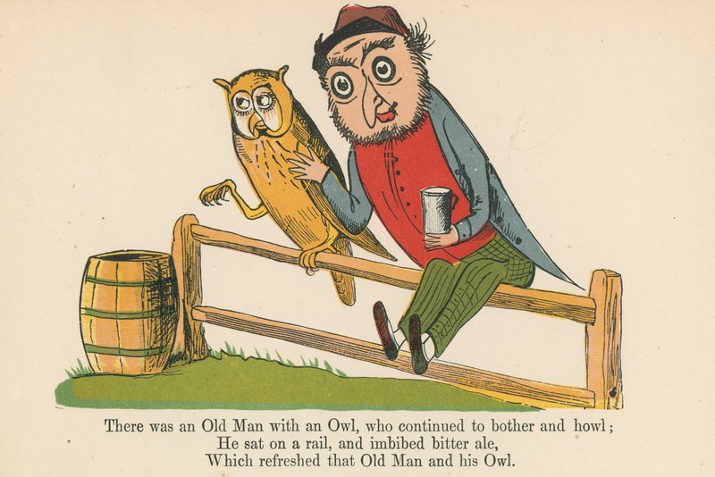 Volt egy öregember egy bagollyal, aki folyton zavart és üvöltött, a Frederick Warne and Co. által kiadott "A Book of Nonsense"-ből, London, 1875 körül. alkotó: Edward Lear
