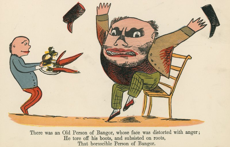 Volt egy bangori öregember, akinek az arca eltorzult a haragtól, a Frederick Warne and Co. által kiadott "A Book of Nonsense"-ből, London, 1875 körül. alkotó: Edward Lear