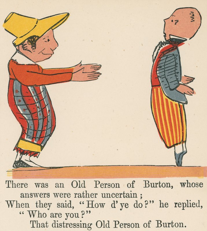 Volt egy burton-i öregember, akinek a válaszai meglehetősen bizonytalanok voltak, a Frederick Warne and Co. által kiadott "A Book of Nonsense"-ből, London, 1875 körül. alkotó: Edward Lear