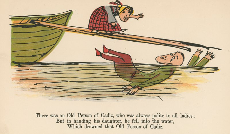 Volt egy cádizi öregember, aki mindig udvarias volt minden hölgyhöz, a Frederick Warne and Co. által kiadott "A Book of Nonsense"-ből, London, 1875 körül. alkotó: Edward Lear