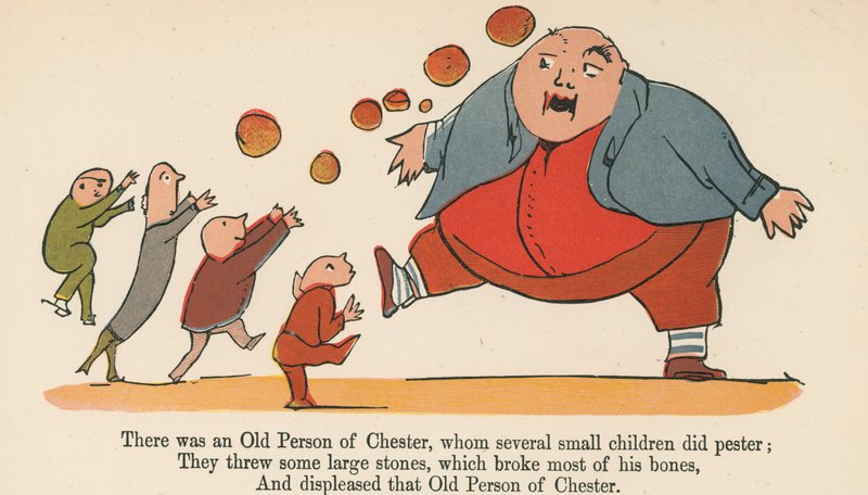 Chesternek volt egy öreg személye, akit több kisgyerek is megzavart, az „A Book of Nonsense”-ből, amelyet Frederick Warne és Társa adott ki, London, 1875 körül. alkotó: Edward Lear