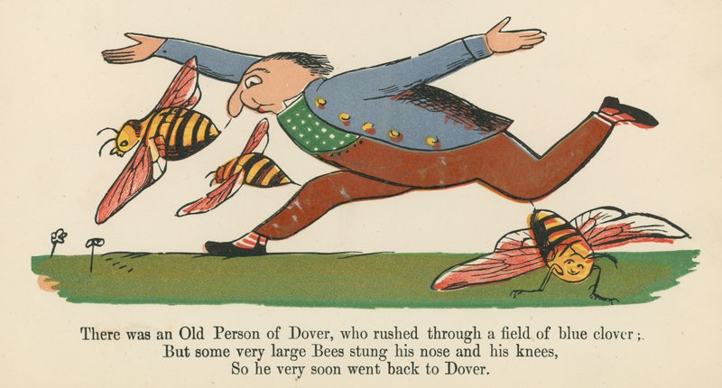 Volt egy doveri öreg ember, aki átszáguldott egy kék lóhere mezőn, az „A Book of Nonsense”-ből, amelyet Frederick Warne and Co. adott ki, London, 1875 körül. alkotó: Edward Lear