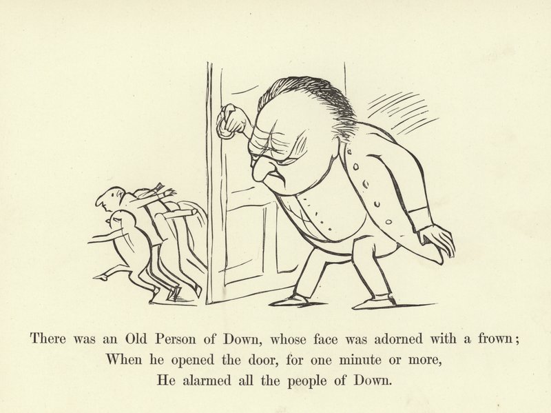 Volt ott egy Down-öreg ember, akinek az arcát homlokráncolás díszítette. alkotó: Edward Lear