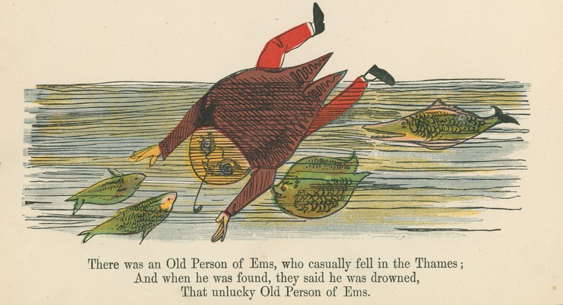 Volt egy Ems-i öregember, aki véletlenül beleesett a Temzébe, a Frederick Warne and Co. által kiadott "A Book of Nonsense"-ből, London, 1875 körül. alkotó: Edward Lear