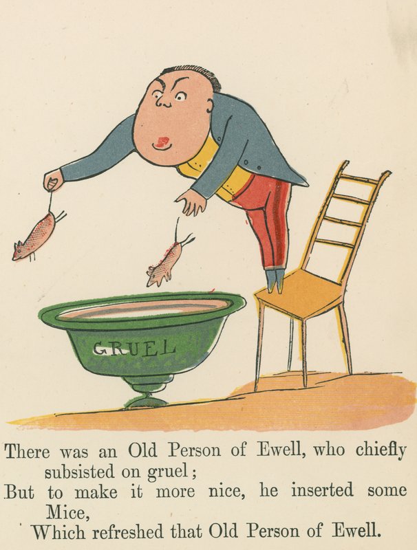 Ewellnek volt egy öreg személye, aki főként zabkásan élt, az „A Book of Nonsense”-ből, amelyet Frederick Warne and Co. adott ki, London, 1875 körül. alkotó: Edward Lear