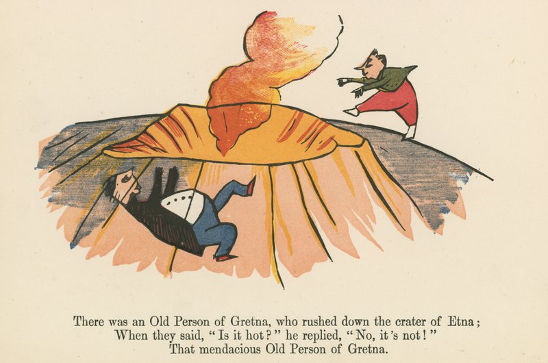 Volt egy gretnai öreg ember, aki lerohant az Etna kráterén, az „A Book of Nonsense”-ből, amelyet Frederick Warne and Co. adott ki, London, 1875 körül. alkotó: Edward Lear