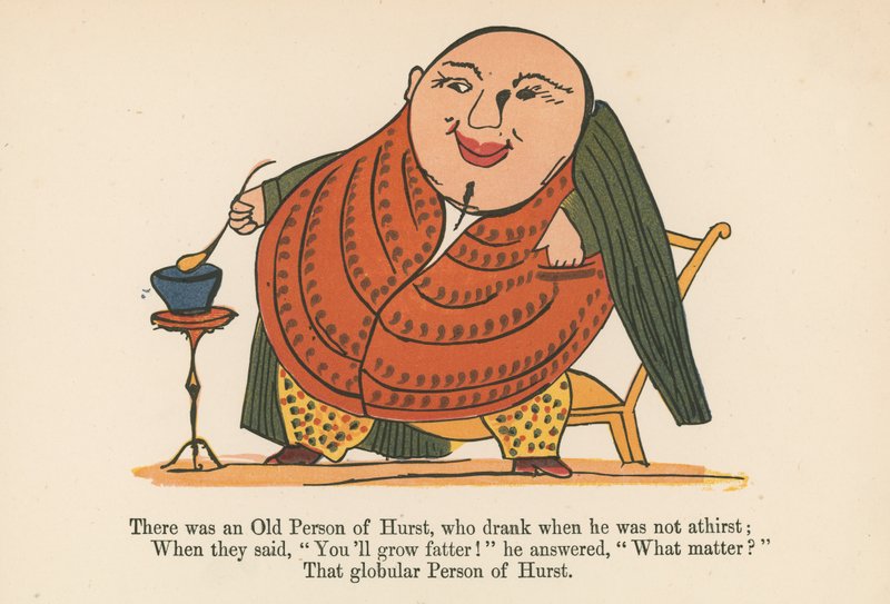 Volt egy öreg Hurst személy, aki ivott, amikor nem volt szomjas, az „A Book of Nonsense”-ből, amelyet Frederick Warne and Co. adott ki, London, 1875 körül. alkotó: Edward Lear