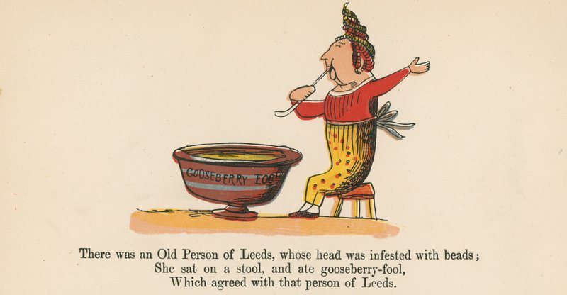 Volt egy leedsi öregember, akinek a feje tele volt gyöngyökkel, a Frederick Warne and Co. által kiadott "A Book of Nonsense"-ből, London, 1875 körül. alkotó: Edward Lear