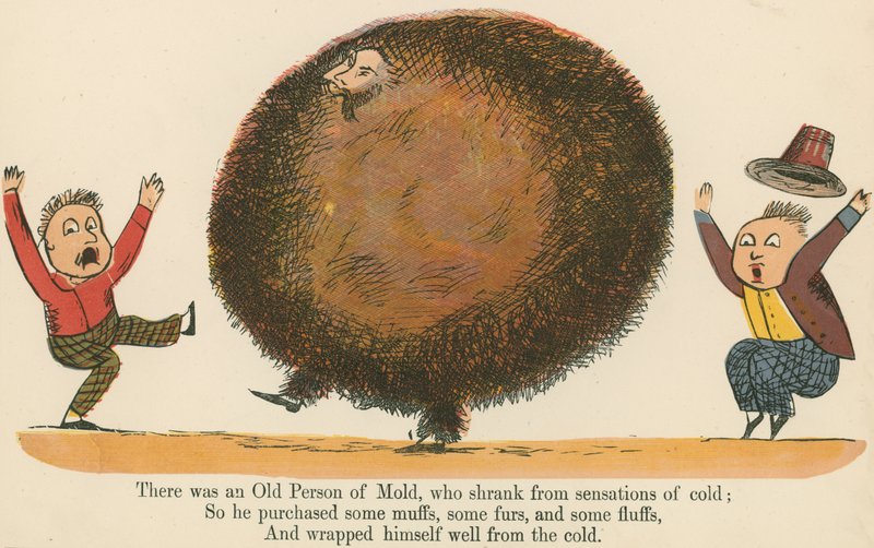 Volt egy penészes öregember, aki visszariadt a hideg érzésétől, az „A Book of Nonsense”-ből, amelyet Frederick Warne and Co. adott ki, London, 1875 körül. alkotó: Edward Lear