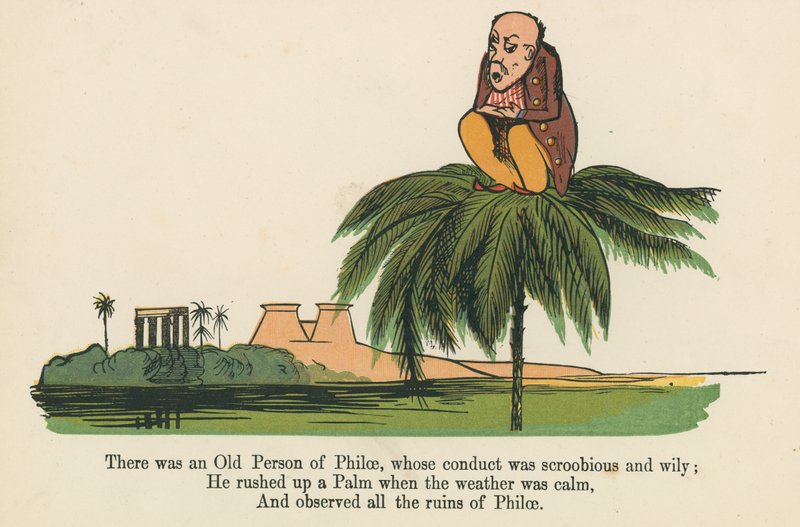 Volt egy Philae-i öreg személy, akinek skroobos és ravasz viselkedése volt, az „A Book of Nonsense”-ből, amelyet Frederick Warne and Co. adott ki, London, 1875 körül. alkotó: Edward Lear