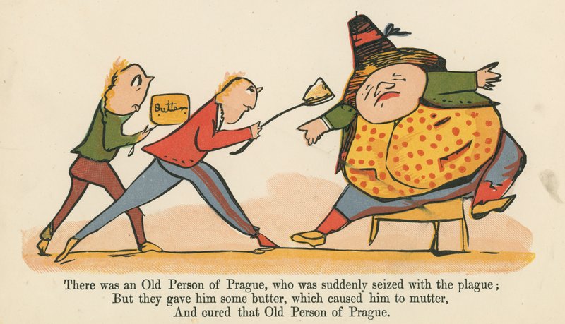 Volt egy Prágai Öreg Személy, akit hirtelen elkapott a pestis, az „A könyv a nonszensz”-ből, amelyet Frederick Warne and Co. adott ki, London, 1875 körül. alkotó: Edward Lear