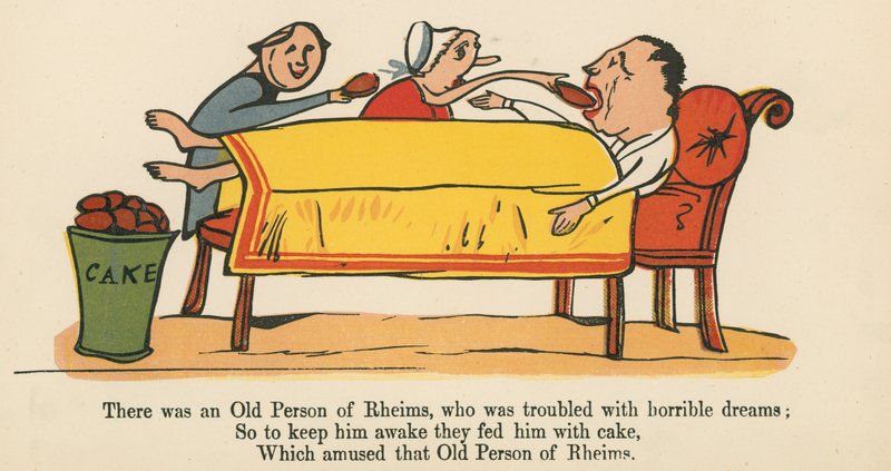Volt egy régi rheimsi személy, akit szörnyű álmok gyötörtek az „A könyv a nonsense”-ből, amelyet Frederick Warne and Co. adott ki, London, 1875 körül. alkotó: Edward Lear
