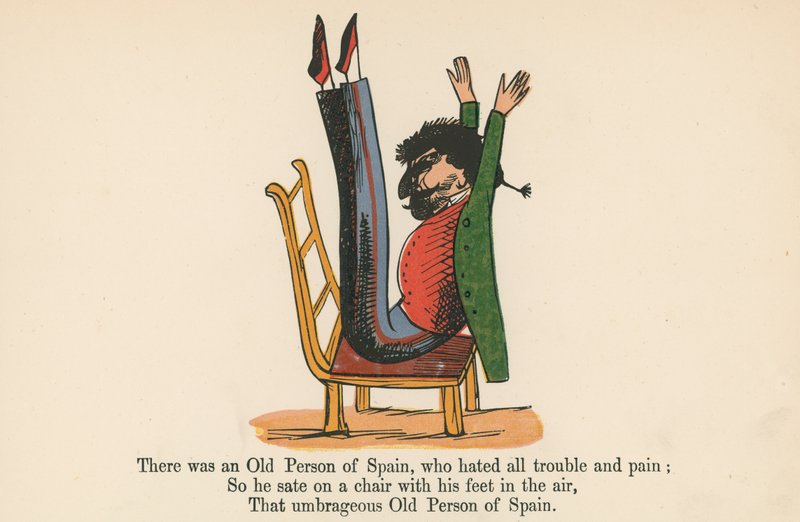 Volt egy spanyol öreg ember, aki utált minden bajt és fájdalmat, az „A Book of Nonsense”-ből, amelyet Frederick Warne and Co. adott ki, London, 1875 körül. alkotó: Edward Lear